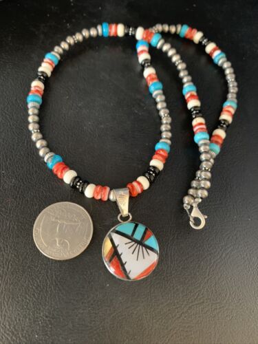 Zuni Multi-Color Turquoise Onyx Necklace | Sterling Silver Inlay Pendant | Authentic Native American Handmade | 13800