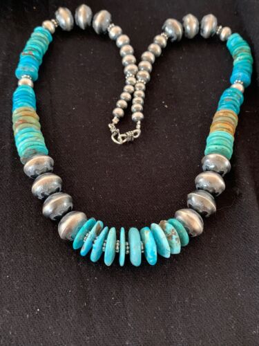 Navajo Blue Green Turquoise Beads Necklace | Sterling Silver | Authentic Native American Handmade | 22" | 4697