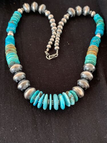 Navajo Blue Green Turquoise Beads Necklace | Sterling Silver | Authentic Native American Handmade | 22" | 4697 - Masha USA