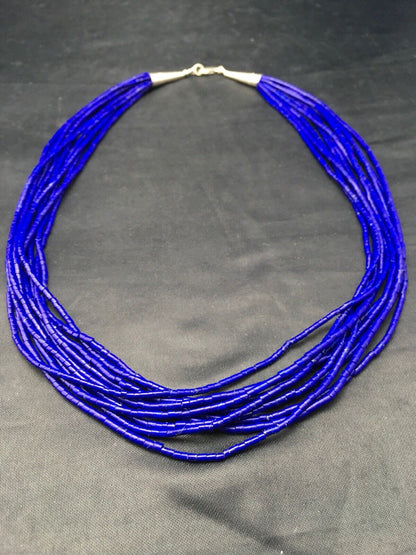 Stabilized Lapis Lazuli 10-Strand Necklace | Sterling Silver Tube Heishi | 24" | 13422