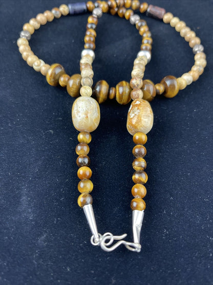 Women's Graduated Tigers Eye & Picture Jasper Necklace | Sterling Silver | Authentic Native American | 24" | 10075