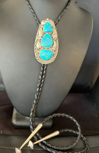 Ultra Rare Navajo Men's Bolo Tie | Blue Kingman Turquoise | Sterling Silver | Native American Handmade | 13668