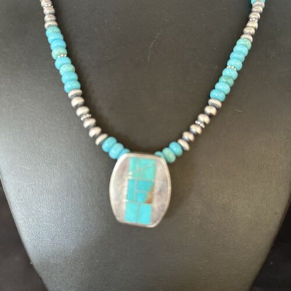 Navajo Blue Turquoise Inlay Pendant Necklace | Sterling Silver | 22" | Authentic Native American Handmade | 14602