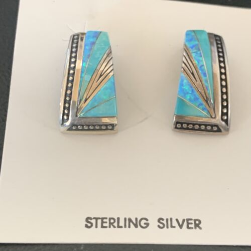 Navajo Blue Opal Turquoise Inlay Earrings | Sterling Silver | Authentic Native American Handmade | 12116
