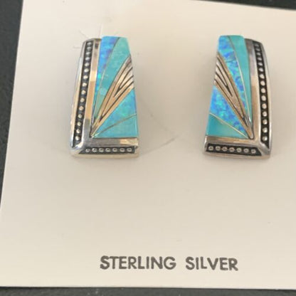 Navajo Blue Opal Turquoise Inlay Earrings | Sterling Silver | Authentic Native American Handmade | 12116