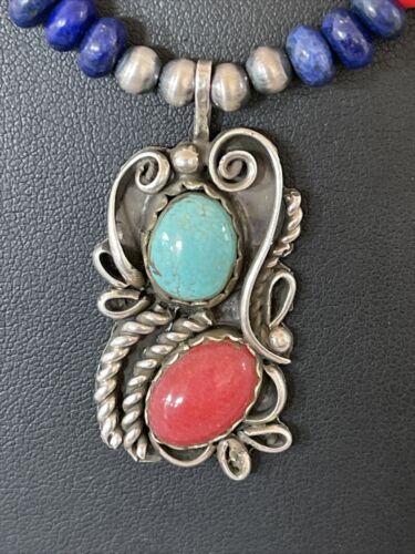 Navajo Pearls Sterling Silver Pendant Necklace | Lapis, Turquoise & Coral | Native American Handmade | 01176