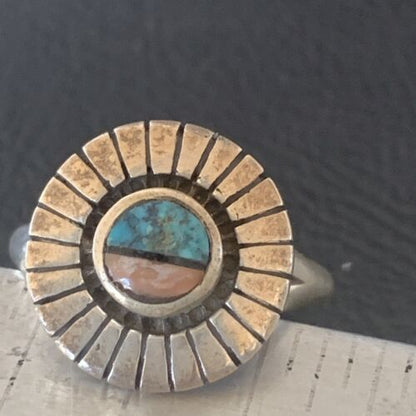 Navajo Blue Turquoise Pink Coral Inlay Ring | Sz 5.5 | Authentic Native American Handmade | 11171