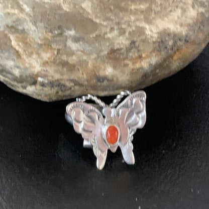 Navajo Red Spiny Oyster Butterfly Ring | Sterling Silver | Adj Sz 8 | Authentic Native American Handmade | 10342