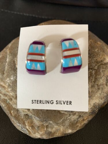 Navajo Turquoise Purple Sugilite Mother of Pearl Dangle Inlay Earrings | Sterling Silver | 12909