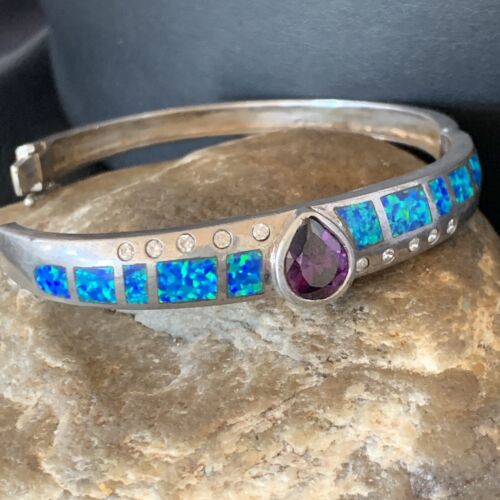 Southwestern Navajo Blue Opal Amethyst Bracelet | Sterling Silver | 7" | 13122