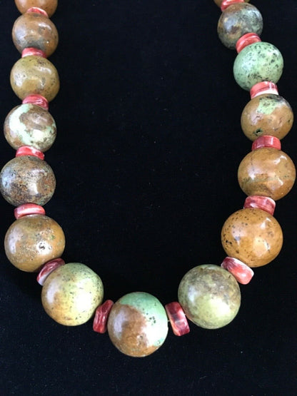 Navajo Green Turquoise & Orange Spiny Oyster Necklace | Sterling Silver | 17" | Authentic Native American Handmade | 1742