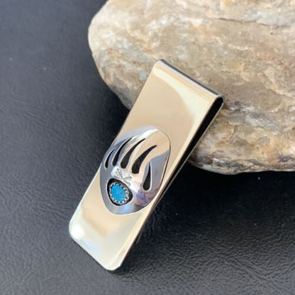 Navajo Handmade Turquoise Bear Paw Money Clip | Sterling Silver | Authentic Native American | 1568