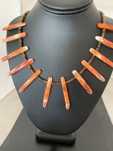 Navajo Orange Spiny Oyster Bone Stick Bead Necklace | Sterling Silver | 22" | Authentic Native American Handmade | 00680