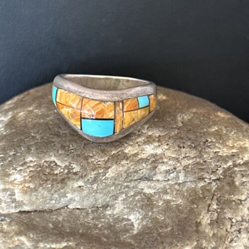 Southwestern Women's Navajo Blue Turquoise Spiny Oyster Inlay Ring | Sz 8 | 14559