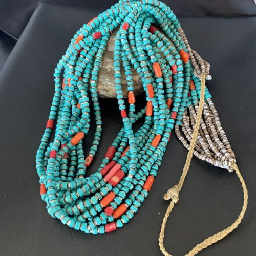 Southwestern Santo Domingo Coral Spiny Blue Turquoise Necklace | 38" | Authentic Native American Handmade | 12050