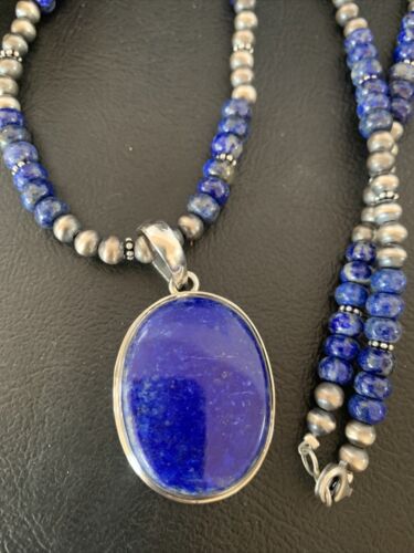 Native American Navajo Blue Lapis Pendant Necklace | Sterling Silver | Authentic Handmade | 11913 - Masha USA