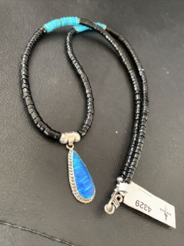 Navajo Opal Pendant Onyx Heishi & Turquoise Necklace | Sterling Silver | Authentic Native American Handmade | 4329
