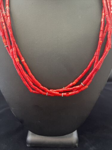Native American Red Stabilized Coral Tubes Necklace | Sterling Silver | 18" | 1749