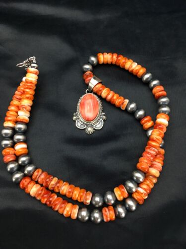 Navajo Orange Spiny Oyster Pendant Necklace | Sterling Silver Beads | Authentic Native American Handmade | 2689 - Masha USA