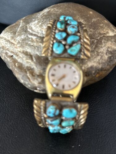 Authentic Native American Navajo Blue Kingman Turquoise Watch Tips | Sterling Silver | Old Pawn Jewelry | 14267