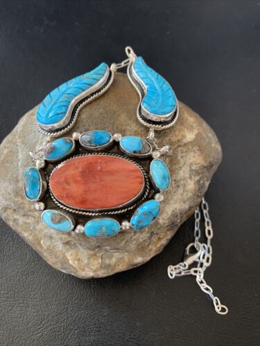 Navajo Red Spiny Oyster & Blue Turquoise Necklace | Sterling Silver | 21" | Authentic Native American Handmade | 2112