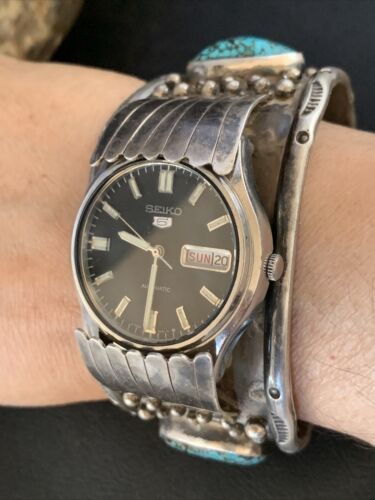 Navajo Sterling Silver Bracelet with Blue Kingman Turquoise | Men's Automatic Seiko Watch Cuff | Authentic Native American Jewelry | 12168