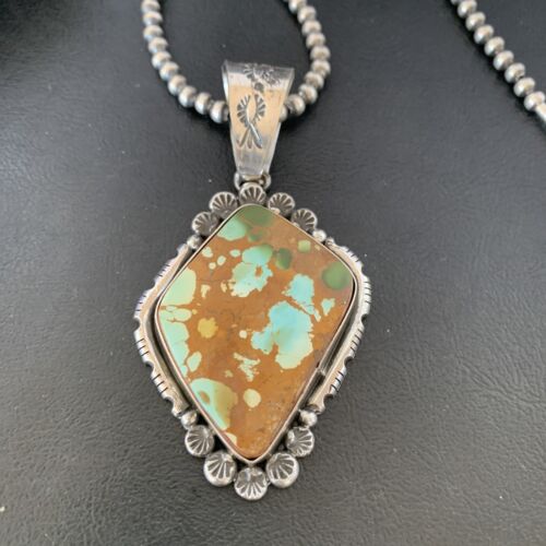 Navajo Royston Turquoise Pendant Men's Necklace | Sterling Silver | Native American Handmade | 10428