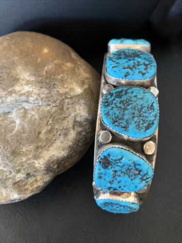 Navajo Sterling Silver Blue Kingman Turquoise Cuff Bracelet | 6 Stone | Authentic Native American Handmade | 12166