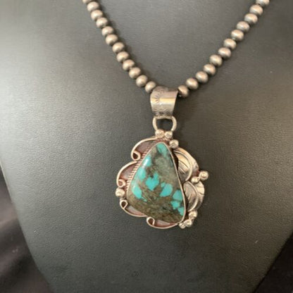 Navajo Spiderweb Turquoise Pendant Necklace | Sterling Silver | 2.25" | Authentic Native American Handmade | 14060