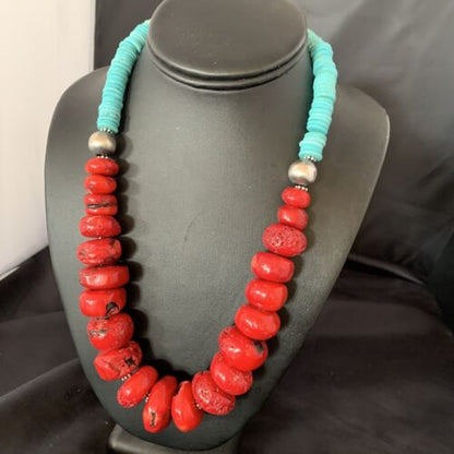 Navajo Red Coral & Turquoise Bead Necklace | Sterling Silver | Authentic Native American | 21" | 13163