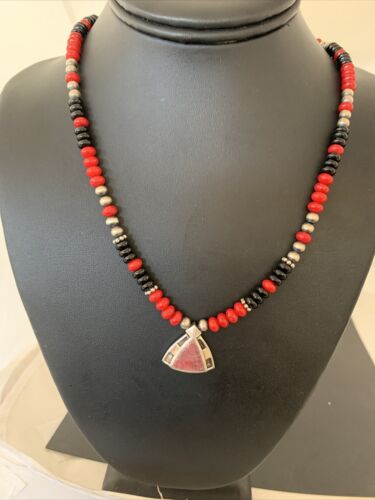 Navajo Pearls Necklace Pendant | Sterling Silver Onyx & Coral Inlay | Authentic Native American Handmade | 1930