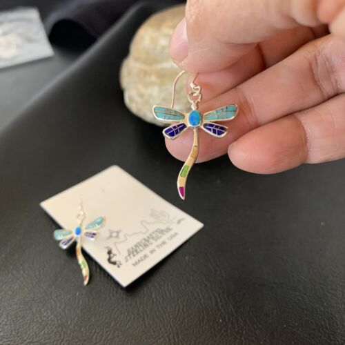 Navajo Dragonfly Turquoise Spiny Opal Inlay Earrings | Sterling Silver | 1" | Authentic Native American Handmade | 12016