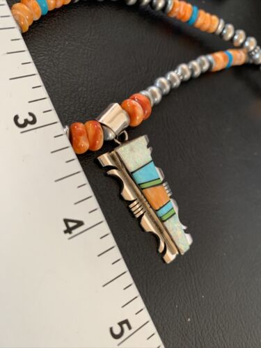 Navajo Turquoise Spiny Oyster Inlay Pendant | Sterling Silver | Authentic Native American Handmade | 11801
