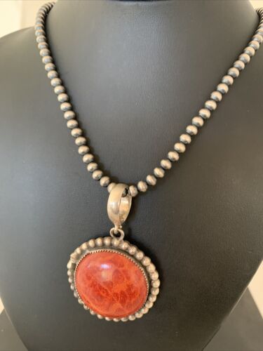 Native American Men's Navajo Red Apple Coral Pendant Necklace | Sterling Silver | 1314