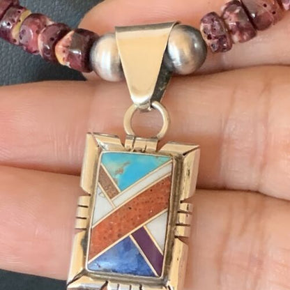 Navajo Multi-Color Inlay Pendant | Sterling Silver Purple Spiny Oyster Necklace 21" | 12359