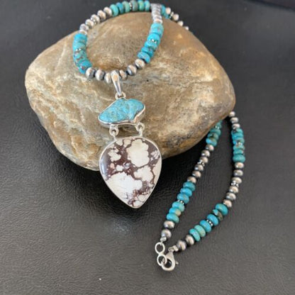 Men's Navajo Pearl Necklace Pendant | Sterling Silver | Blue Turquoise & Wild Horse Multi-Stone | 11756