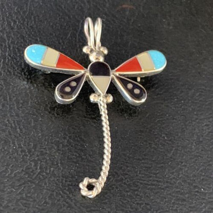 Zuni Turquoise Mother of Pearl Inlay Dragonfly Necklace Pin Pendant | Sterling Silver | 12321