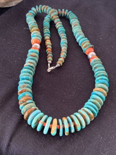 Navajo Sterling Silver Necklace | Natural Green Turquoise & Spiny Oyster | Graduated | Authentic Native American | 28" | 00328