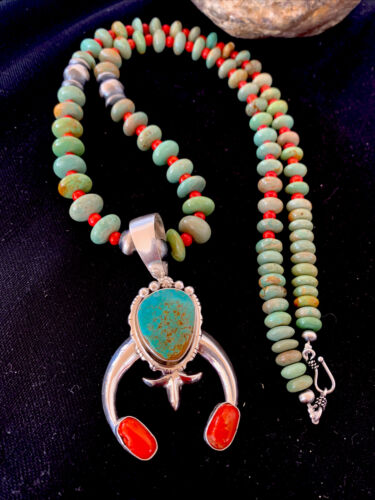 Navajo Royston Turquoise Coral Naja Pendant Necklace | Authentic Native American Sterling Silver | Naja | 1402