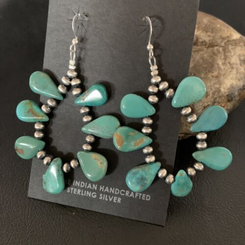 Navajo Green Cluster Turquoise Bead Earrings | Sterling Silver | Authentic Native American Handmade | 13326