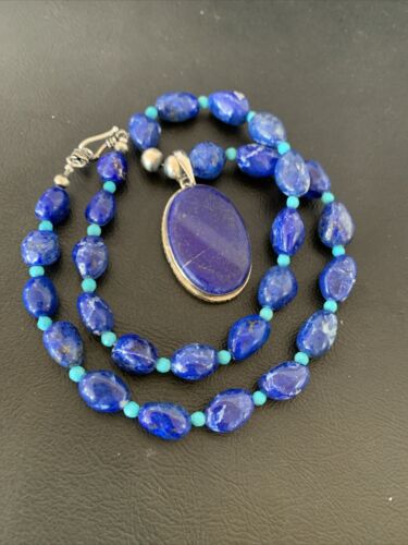 Navajo Blue Lapis Turquoise Pendant Necklace | Sterling Silver | 20" | Authentic Native American Handmade | 10522