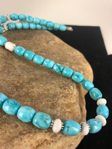 Navajo Blue Turquoise & Howlite Necklace | Sterling Silver | 21" | Authentic Native American Handmade | 3395 - Masha USA