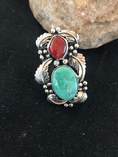 Navajo Royston Turquoise Coral Multi-Stone Men's Ring | Authentic Native American Sterling Silver | Sz 8 | 02218