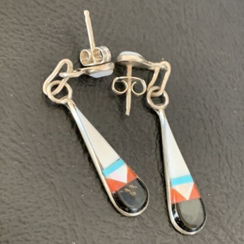 Old Pawn Zuni Multi-Color Turquoise Onyx Inlay Earrings | Sterling Silver | Authentic Native American Handmade | 2043