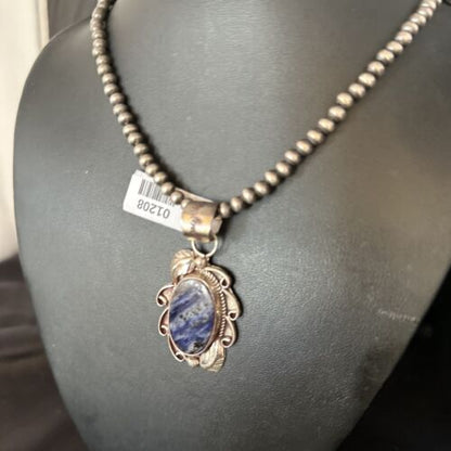 Navajo Denim Lapis Pendant Necklace | Sterling Silver Beads | Authentic Native American Handmade | 1208
