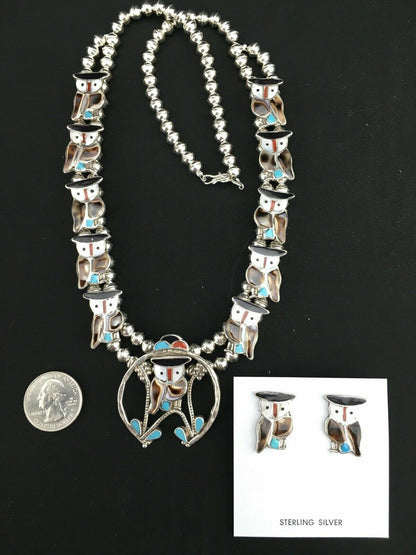 Zuni Owl Inlay Turquoise Squash Blossom Necklace Set | Sterling Silver | Native American Handmade | 1310