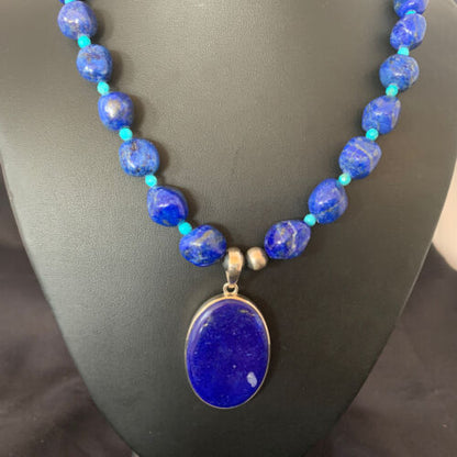 Navajo Blue Lapis Turquoise Pendant Necklace | Sterling Silver | 20" | Authentic Native American Handmade | 10269
