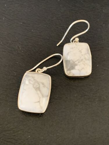 Navajo Sterling Silver White Howlite Black Dangle Rectangle Earrings | 0.75" | 12069