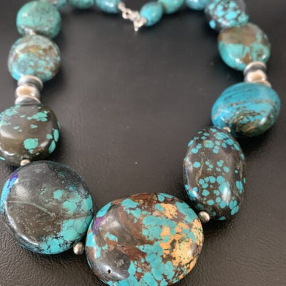 Chunky Navajo Pearl Graduated Turquoise Necklace | Sterling Silver | Authentic Native American Jewelry | 21" | 11903 - Masha USA