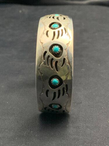 Navajo Turquoise Shadow Box Bear Paw Bracelet | Sterling Silver | Authentic Native American Handmade | 4610